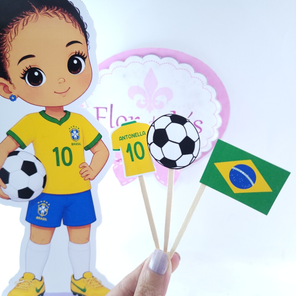 Display de Mesa e 30 toppers docinho Futebol Brasil Hexa