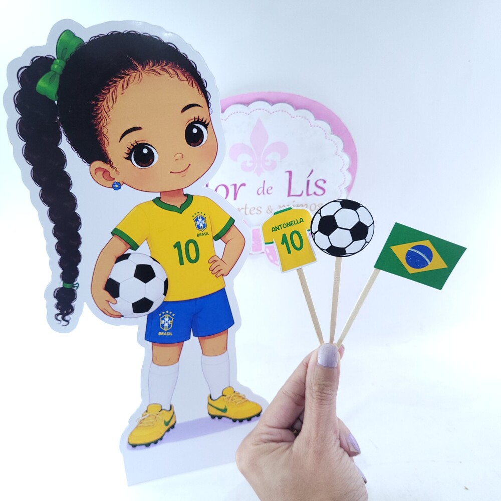 Display de Mesa e 30 toppers docinho Futebol Brasil Hexa