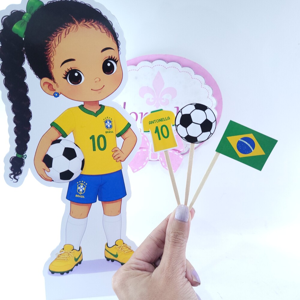 Display de Mesa e 30 toppers docinho Futebol Brasil Hexa