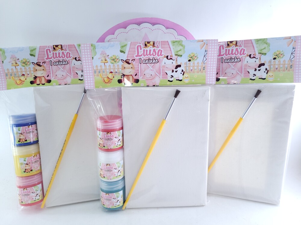 Kit Pintura Fazendinha Aquarela Rosa Tela 10x15 e Guache