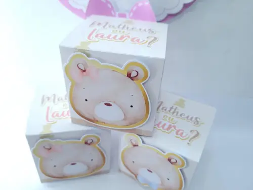 Caixa Cubo Ursinho Aquarela Chá Revelação Menino ou Menina