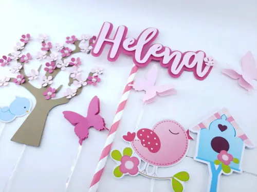 Cake Topper Jardim Encantado Passarinhos Luxo Topo Bolo