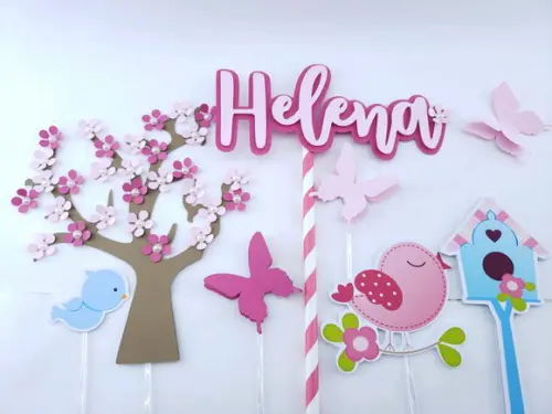 Cake Topper Jardim Encantado Passarinhos Luxo Topo Bolo