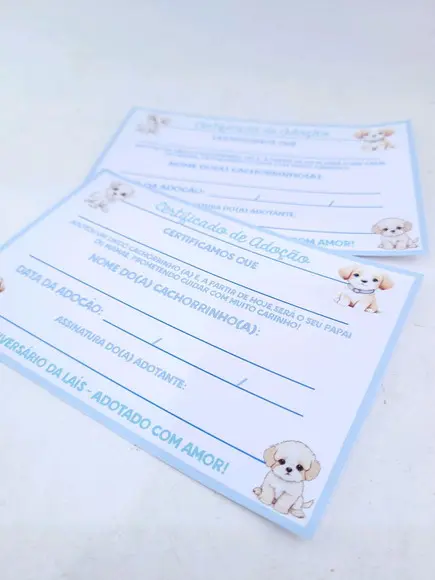 Certificado Adote Pet para Lembrancinha Festa Cachorrinho