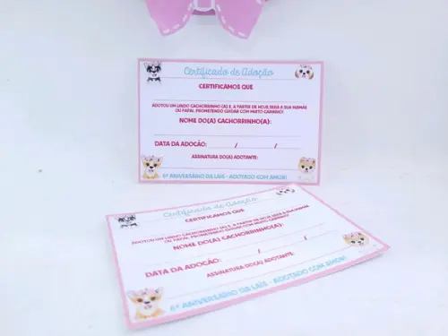 Certificado de Adoção Pet para Lembrancinha Cachorrinho