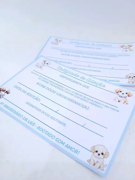 Certificado Adote Pet para Lembrancinha Festa Cachorrinho