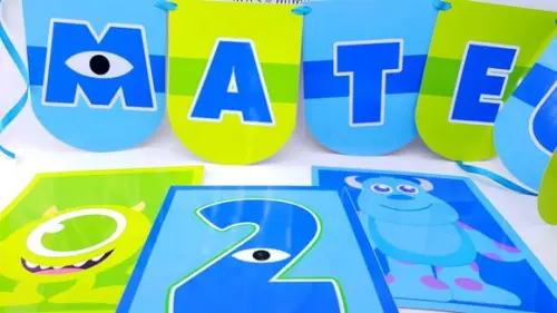 Decoração Monstros S.a com Bandeirola e 3 Quadros