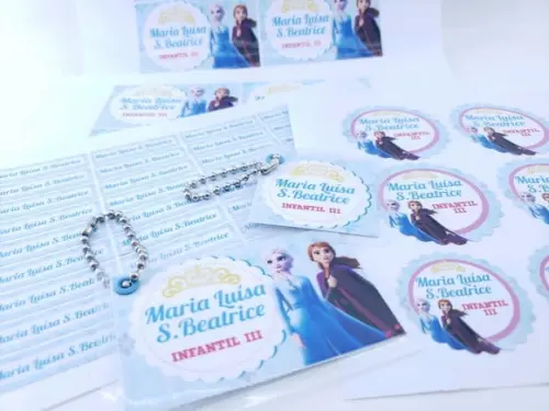 Etiquetas Escolares Frozen com Chaveiro Mochila Redondo
