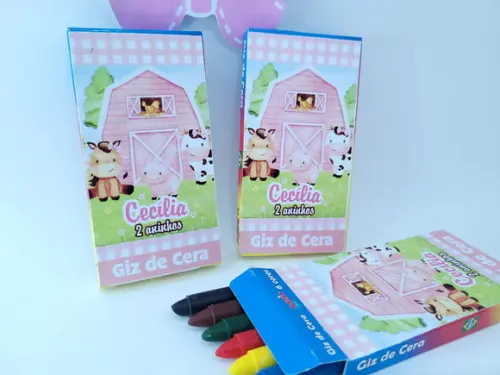 Giz de Cera 6 Cores Personalizado Fazendinha Rosa Aquarela