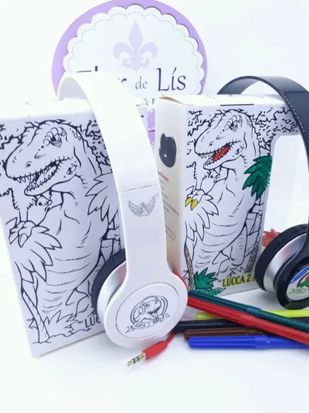 Headphone Fone de Ouvido para Colorir Dinossauro com Caixa
