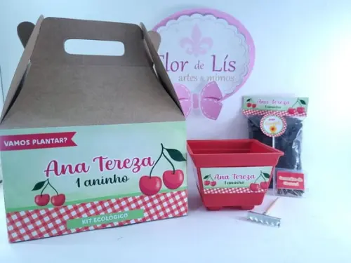 Kit Cerejinha Vamos Plantar na Maleta Lembrancinha Cereja