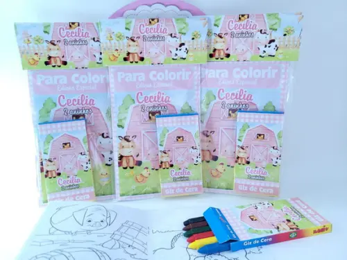 Kit de Colorir Fazendinha Rosa Aquarela Menina Lembrancinha