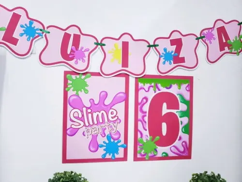 Kit de Parede Festa em Slime Menina com Bandeirola