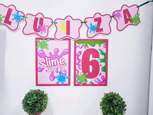 Kit de Parede Festa em Slime Menina com Bandeirola
