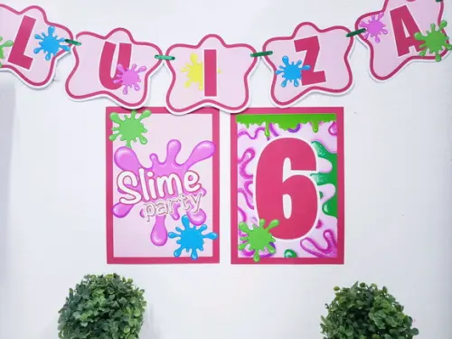 Kit de Parede Festa em Slime Menina com Bandeirola