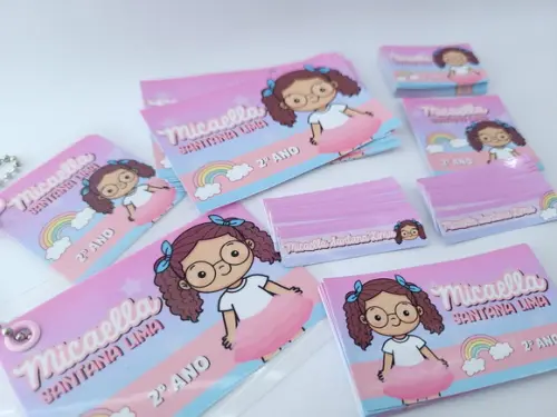 Kit Etiqueta Escolar Menina com Chaveiro Mochila e Lancheira