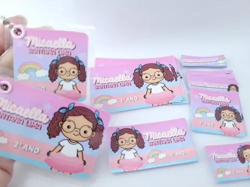Kit Etiqueta Escolar Menina com Chaveiro Mochila e Lancheira