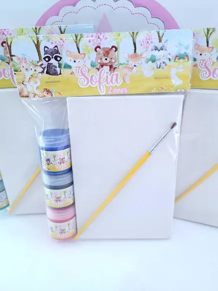 Kit Pintura Bosque Menina Aquarela Lembrancinha Tela Guache