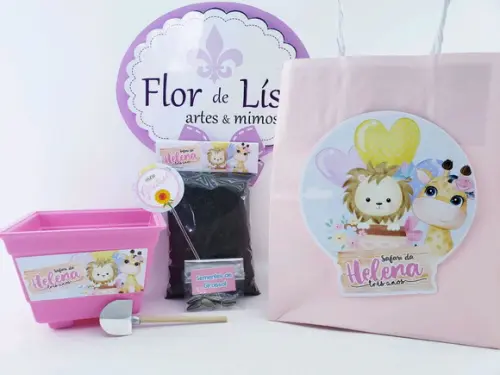Kit Plantação Safari Rosa Aquarela Menina Jardim com Sacola