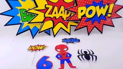 Topo de Bolo e Placas Homem Aranha Festa na Caixa