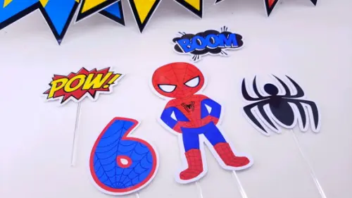 Topo de Bolo e Placas Homem Aranha Festa na Caixa