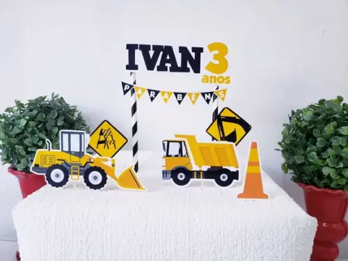 Topo de Bolo Tratores e Obras Festa de Menino