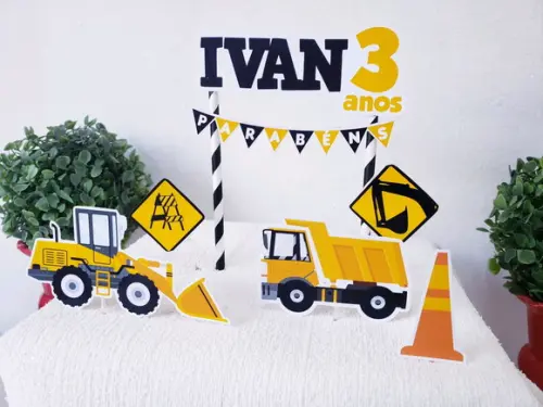 Topo de Bolo Tratores e Obras Festa de Menino