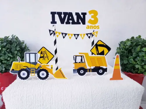 Topo de Bolo Tratores e Obras Festa de Menino