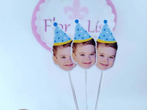 Topper de Doce Azul Poá Rostinho do Bebê com Foto
