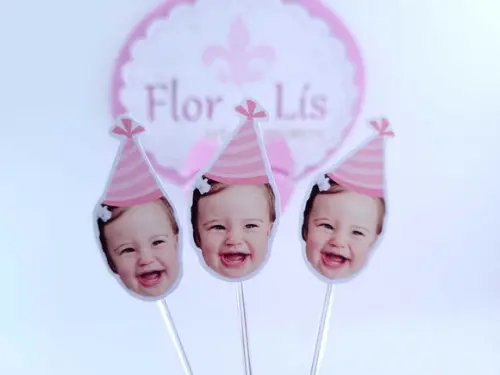 Topper de Doce Rostinho Rosa Claro com Foto e Chapeuzinho