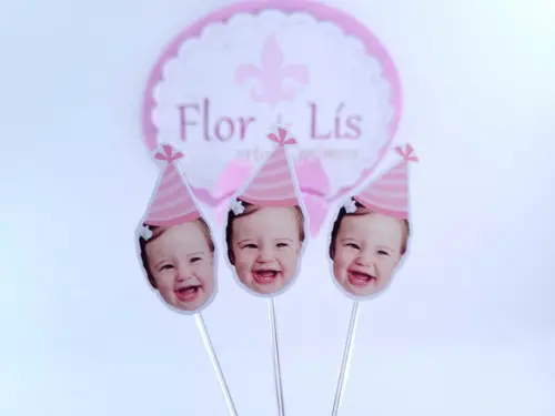 Topper de Doce Rostinho Rosa Claro com Foto e Chapeuzinho