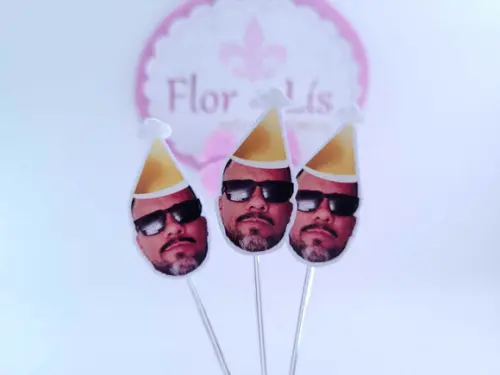 Topper de Doce Rosto Adulto com Foto Divertida Dourado