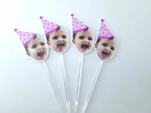 Topper de Doces Rosto do Bebê com Foto e Chapéu