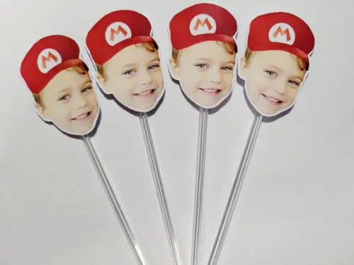 Topper de Docinho Rostinho Mario Bros com Foto e Chapeuzinho