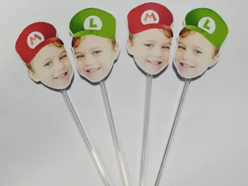 Topper de Docinho Rostinho Mario e Lu com Foto e Chapeuzinho