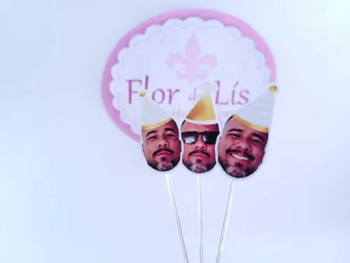 Topper de Docinho Rosto Adulto com Foto Bege e Dourado