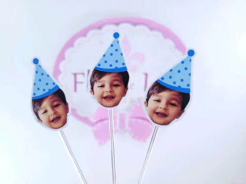 Topper para Docinho com Foto Rosto do Bebê Chapeuzinho Azul