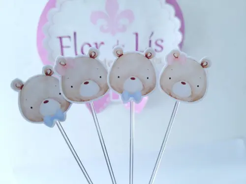 Toppers de Docinho Ursinho e Ursinha Aquarela Chá Revelação
