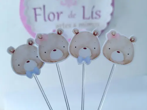 Toppers de Docinho Ursinho e Ursinha Aquarela Chá Revelação