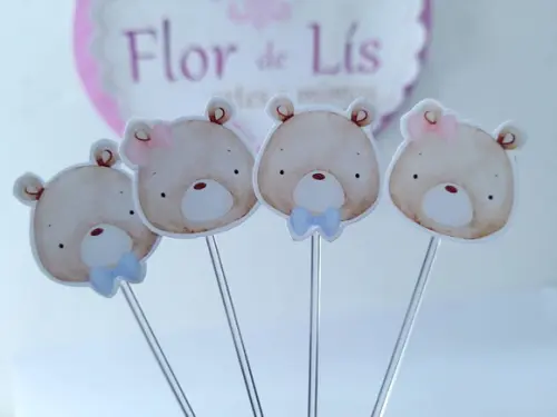 Toppers de Docinho Ursinho e Ursinha Aquarela Chá Revelação