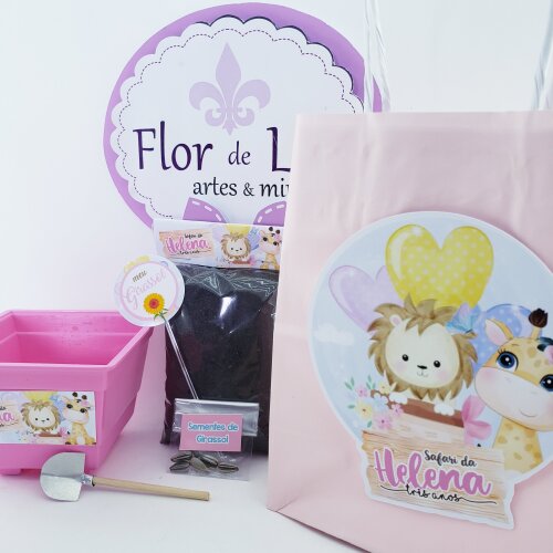 Kit Plantação Safari Rosa Aquarela Menina Jardim com Sacola