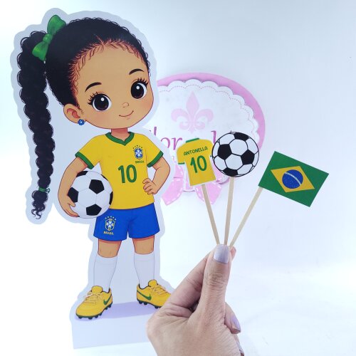 Display de Mesa e 30 toppers docinho Futebol Brasil Hexa