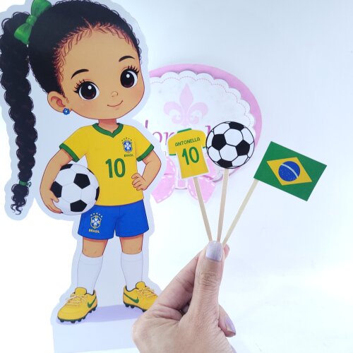 Display de Mesa e 30 toppers docinho Futebol Brasil Hexa