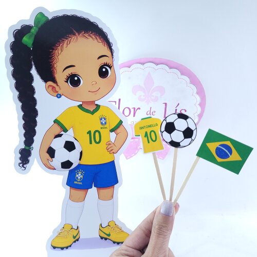 Display de Mesa e 30 toppers docinho Futebol Brasil Hexa