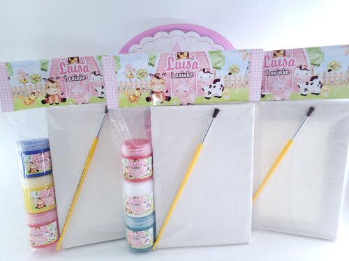 Kit Pintura Fazendinha Aquarela Rosa Tela 10x15 e Guache