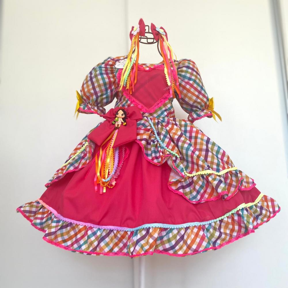 Vestido Junino Infantil Xadrex/ Pink Neon