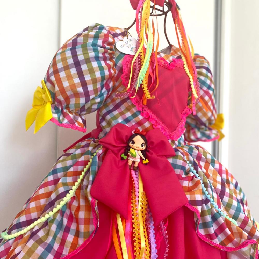 Vestido Junino Infantil Xadrex/ Pink Neon
