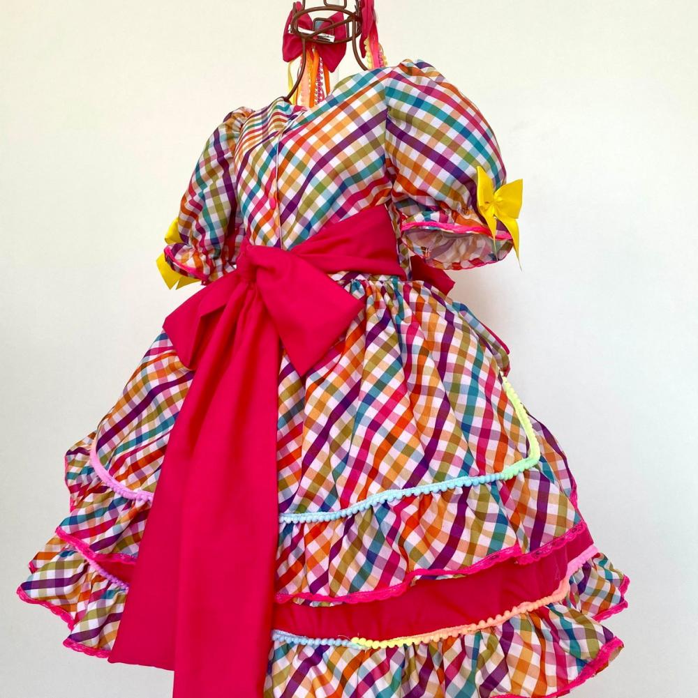 Vestido Junino Infantil Xadrex/ Pink Neon