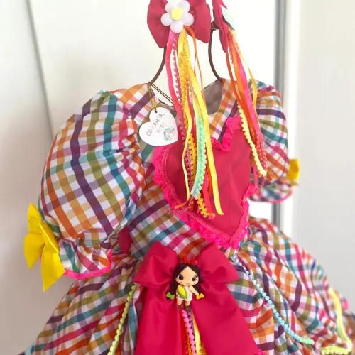Vestido Junino Infantil Xadrex/ Pink Neon