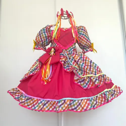 Vestido Junino Infantil Xadrex/ Pink Neon